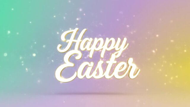 Elegant Happy Easter greeting card design with soft pastel gradient background and sparkling light particles.