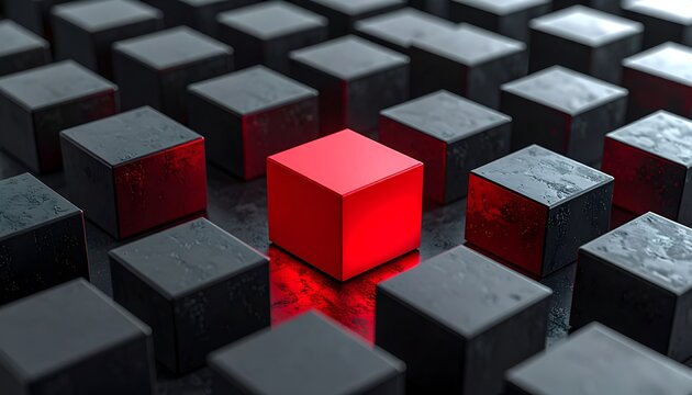A vivid red cube stands prominently among dark textured cubes, creating a striking abstract concept of individuality, distinction, innovation, leadership, and competitive advantage.