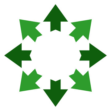 Vector illustration of a green eight-way arrow compass rose symbol with a central empty circle, isolated on a white background. Perfect for mapping, navigation, directory, and direction graphics.