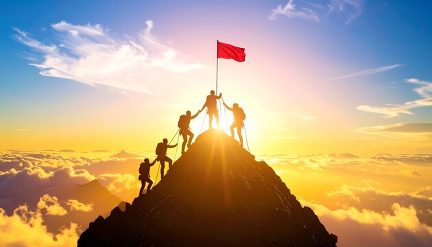 Mountain climbing success concept with a group of silhouetted climbers approaching a summit flag above the clouds, representing teamwork, determination, achievement, and shared goals.