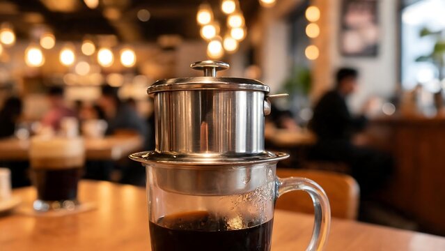 Traditional Vietnamese drip coffee maker phin on glass cup in cozy cafe background