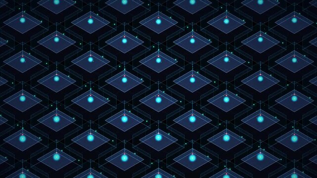 Abstract digital background with glowing blue spheres arranged in a geometric isometric grid pattern, representing data nodes, network connectivity, or futuristic technology concepts