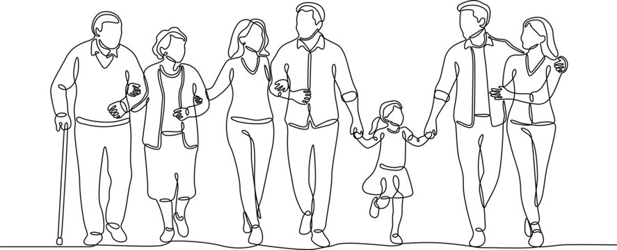 A continuous single line drawing illustration of a happy multi-generational family including grandparents parents and a child walking together in a line.