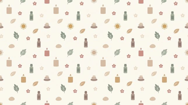 Charming seamless pattern with hand drawn apothecary bottles, leaves and dried flowers on a soft cream background, perfect for wellness branding, packaging, fabric and lifestyle design