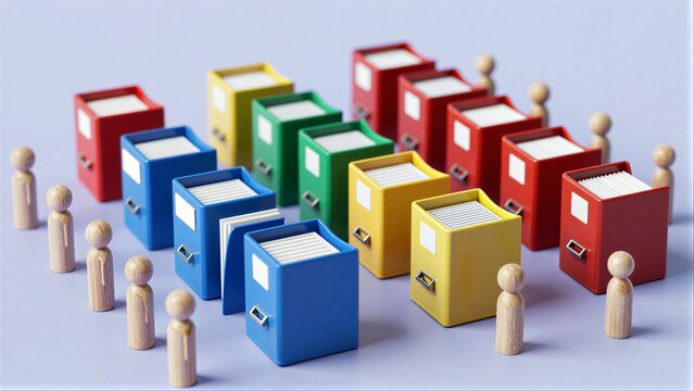 Colorful file cabinets and wooden figures represent teamwork and organization in a workspace.