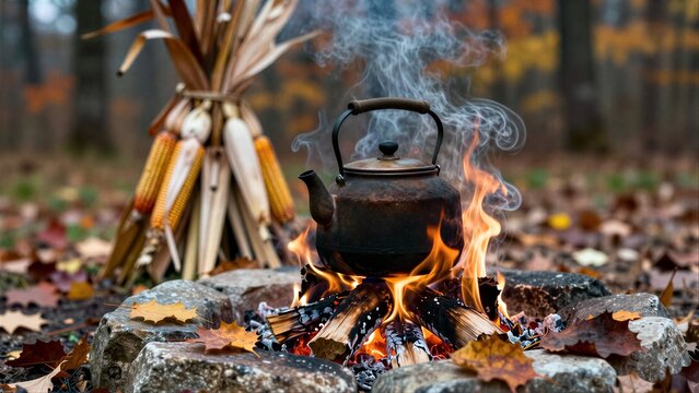 Autumn fire pit with steaming kettle, corn stalks and fallen leaves.
