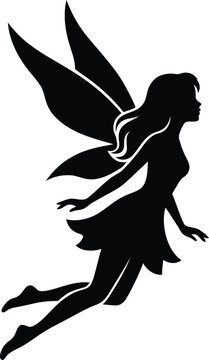 Graceful fairy silhouette with wings flying feminine pixie figure for magical fantasy designs and enchanted garden themes.