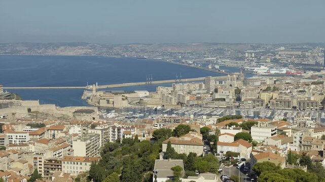 Beautiful aerial view of the city of Marseille in France, showing the Old Port and the sea