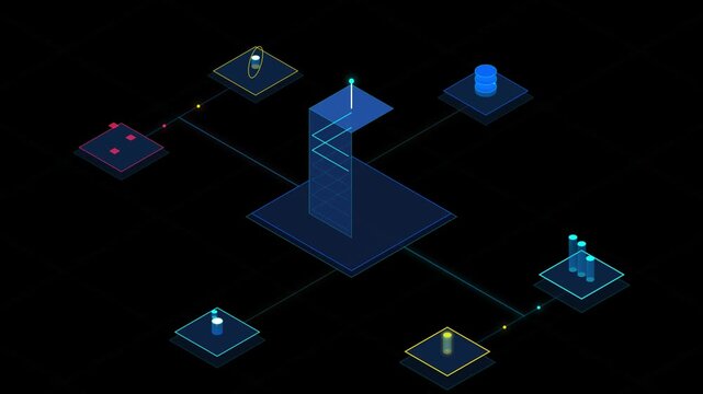 Abstract digital network connection concept with a central hub and various data nodes connected by lines in an isometric view on a dark background