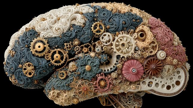 Complex brain mechanism constructed from intricate cogs, golden gears, and detailed clockwork parts.