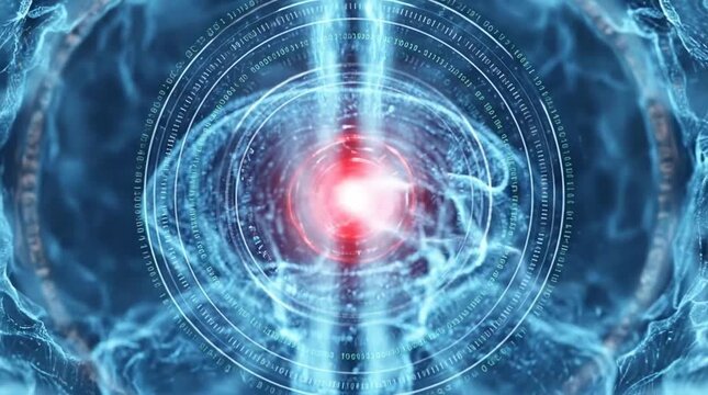 Zooming into glowing red center of digital human brain