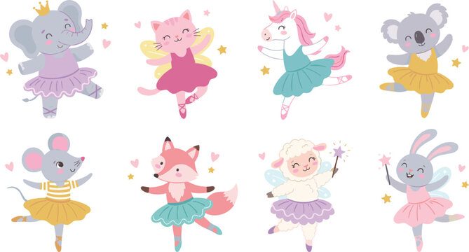 Cute baby animals ballet dancers collection featuring elephant cat unicorn koala mouse fox sheep and rabbit dancing in tutus