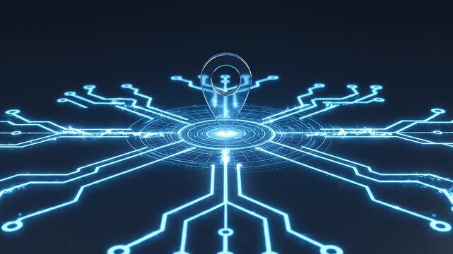 Modern digital illustration of a transparent glass location pin on a glowing blue futuristic radar circuit backdrop with seamless looping neon light energy waves