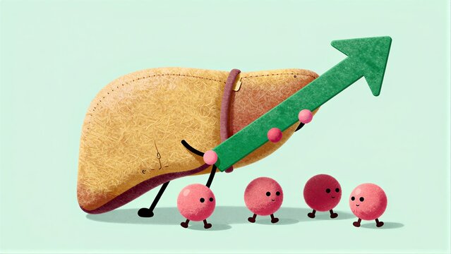 A plush liver holds a green arrow, leading small pink cells forward.