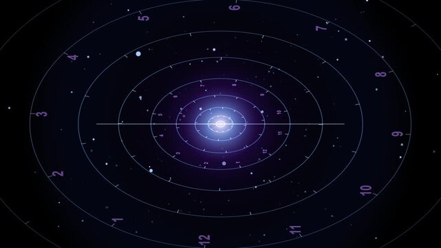 Futuristic solar system map with glowing concentric orbits and numbers. Abstract astronomical diagram of a planetary system in deep space. Scientific cosmic navigation interface background. High