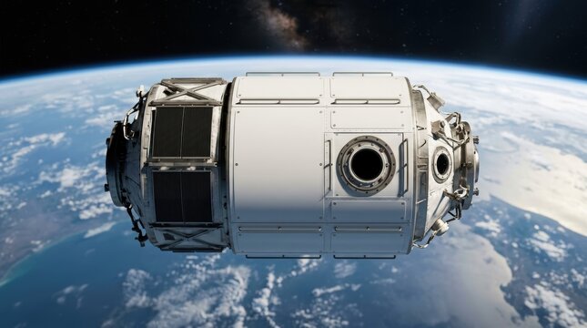Modular Space Station Habitat Module in Earth Orbit with Blank White Hull Mockup
