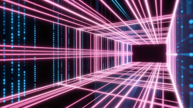 Neon pink and blue digital cube with glowing lines against a dark background.