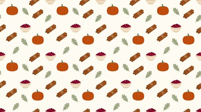 Cozy seamless pattern with hand drawn cinnamon sticks, pumpkins and acorns in rich orange and brown tones on a cream background, perfect for fall kitchen textile, packaging and holiday design