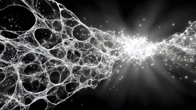 Digital subatomic particle network mesh radiating bright light burst on dark high tech background.