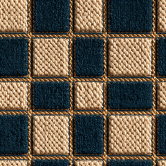 Fototapeta premium Seamless pattern checkered textile fabric pattern creating a background with woven blue and beige squares, featuring intricate textures and braided details