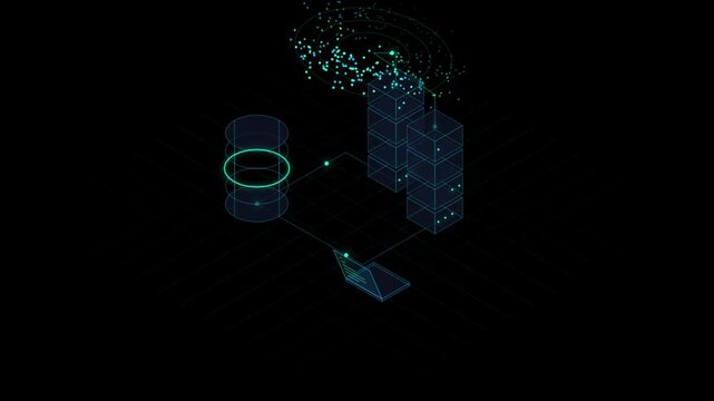 Abstract digital technology background with isometric server racks, database cylinder, and laptop connected by glowing lines, representing cloud computing, data storage, and network infrastructure