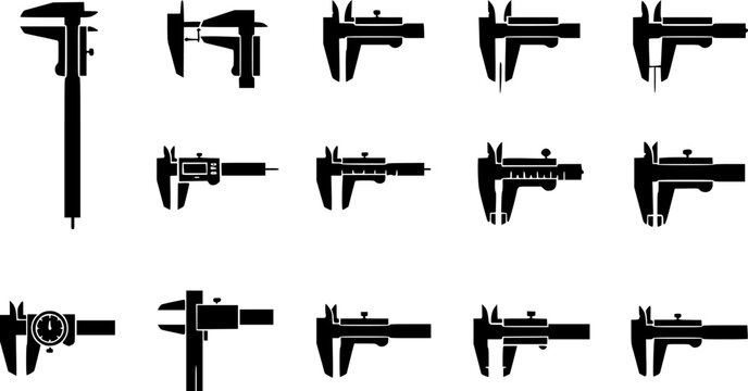 Vernier caliper icon set featuring outline and solid black styles for precision measurement engineering technical drawing construction and workshop tools