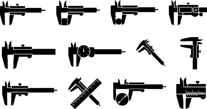 Vernier caliper icon set featuring outline and solid black styles for precision measurement engineering technical drawing construction and workshop tools