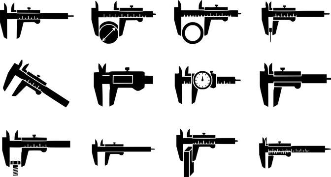 Vernier caliper icon set featuring outline and solid black styles for precision measurement engineering technical drawing construction and workshop tools