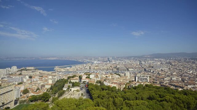 High angle view of the French city of Marseille with its port, buildings and surrounding nature