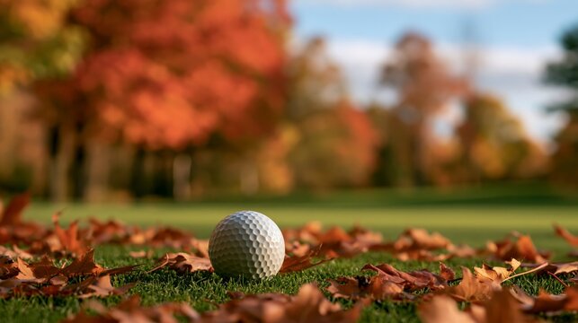 a golf course during autumn. The main subject is a golf ball on the grass, surrounded by a bed of fallen autumn leaves in shades of orange, red, and brown.