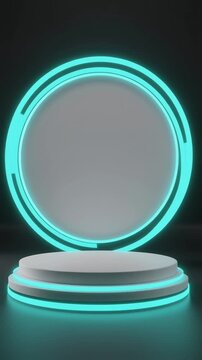 White cylinder podium and circular backplate with cyan neon rings
