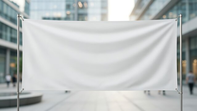 Blank white horizontal fabric banner mockup held by metal poles in an urban business district