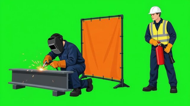Industrial welder working on steel beam with safety guard and fire extinguisher worker on green screen