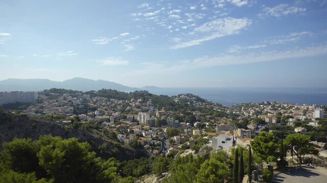 Sunny aerial view of Marseille with its characteristic houses overlooking the Mediterranean Sea