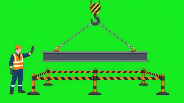 Animation of a construction worker directing a crane lowering a steel beam over a fenced area on a green screen