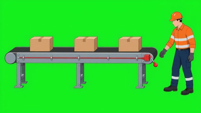 Factory worker stopping a moving conveyor belt with cardboard boxes on a green screen background
