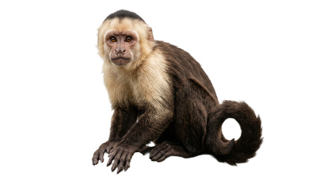 A curious white headed capuchin monkey sits peacefully while displaying its unique brown fur coat and long prehensile tail as it gazes directly into the camera lens with intelligent golden eyes