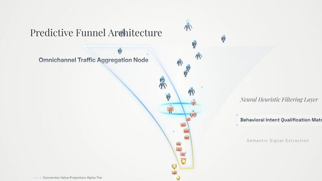 Predictive funnel architecture animation illustrating omnichannel traffic aggregation, AI heuristic filtering, behavioral intent qualification, semantic signal extraction, and sales conversion projec