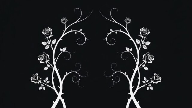 Gothic botanical animation sequence with growing white rose vines on black background