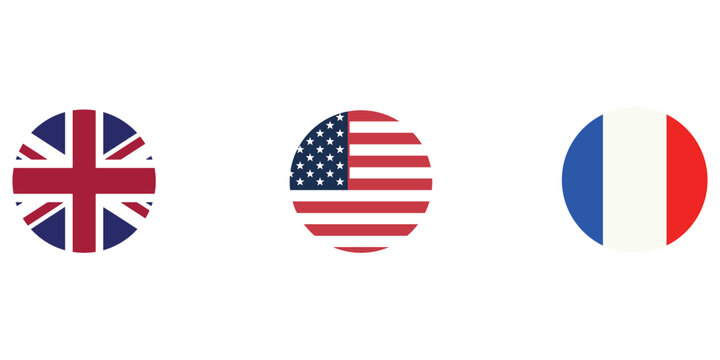Set of three circular country flag icons featuring united kingdom united states and france international flags usa flag