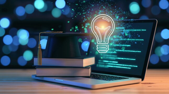 Graduation cap on stacked books beside a laptop with a glowing light bulb icon on the screen, concept of education, learning, and innovation.