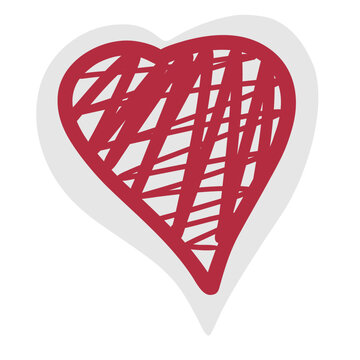 Hand drawn red sketched heart sticker with a light grey shadow, isolated on a white background. Perfect for scrapbook designs, journal decoration, Valentines cards, and social media posts.