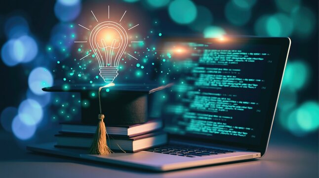 Laptop with code on screen, graduation cap on books, and glowing lightbulb illustration in a creative idea and education concept.