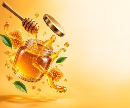 Floating Honey Jar with Wooden Dipper, Honeycomb and Golden Honey Splash on Yellow Background