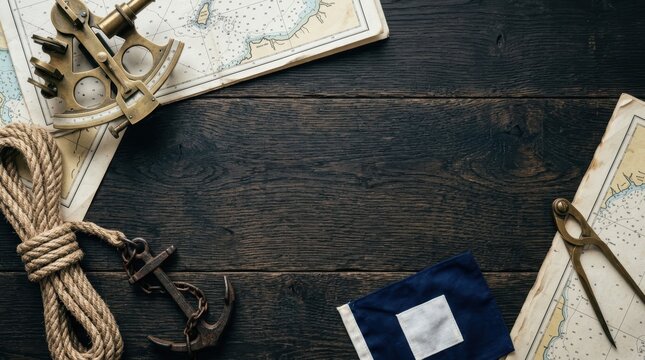 Vintage Naval Navigation Tools and Maritime Charts on Dark Wood Flat Lay with Copy Space