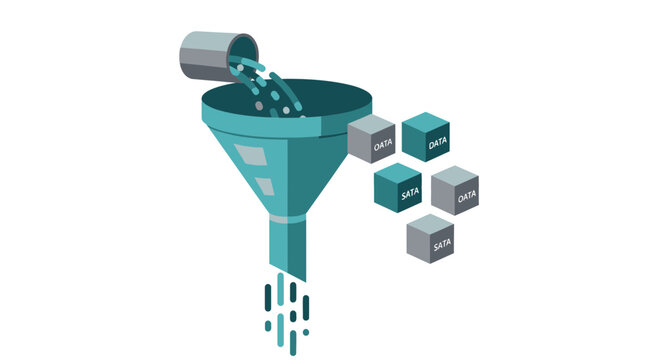 Data Processing and Analysis Funnel Illustration Representing Information Flow, ETL Process, and Big Data Management Concept