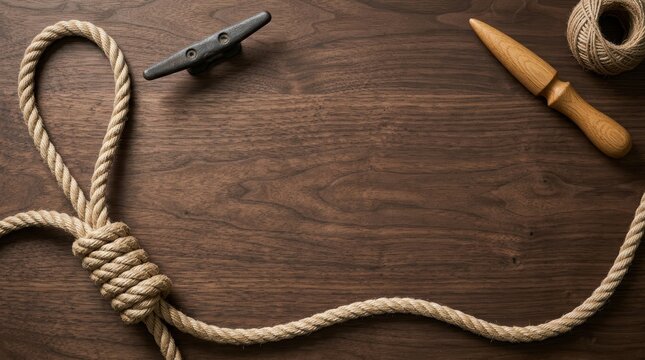 Nautical Rope Knot and Maritime Tools on Dark Walnut Flat Lay