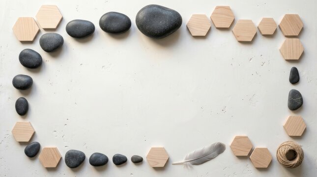 Minimalist Border Flat Lay of Stones and Wood Hexagons Symbolizing Hierarchy and Community