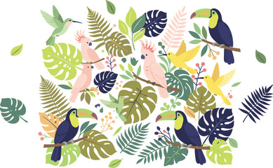 Obraz premium Beautiful tropical birds collection featuring cartoon toucans cockatoos and hummingbirds among exotic jungle leaves vector