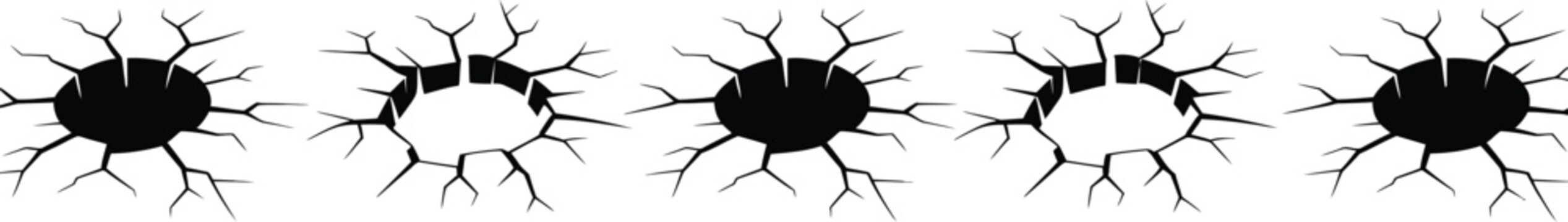 Damaged surface hole vector illustrations showing cracked ground concrete damage sinkhole and broken pavement, construction repair infrastructure and road safety concept